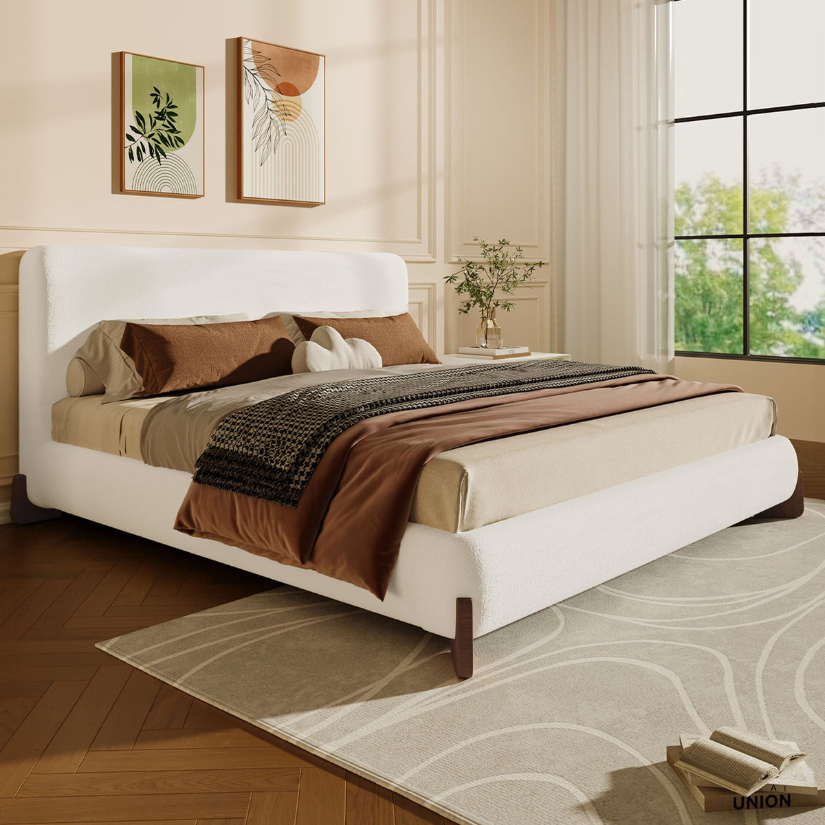 Elegant Boucle Upholstered Bed With Solid Wood Legs
