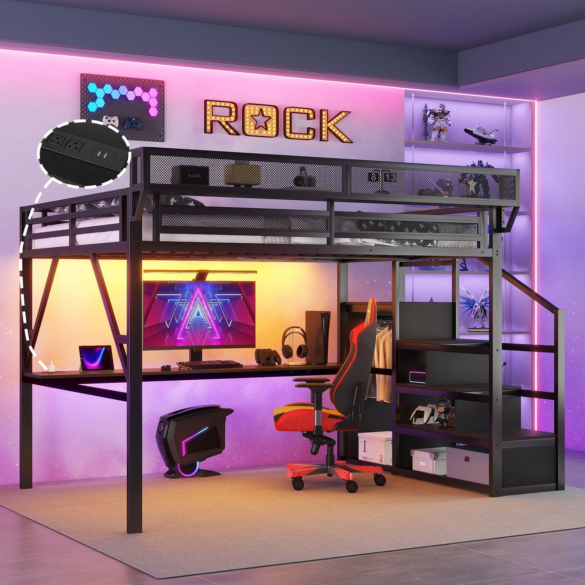 Queen Loft Bed With Desk And Charging Station Stairs And Light - Black