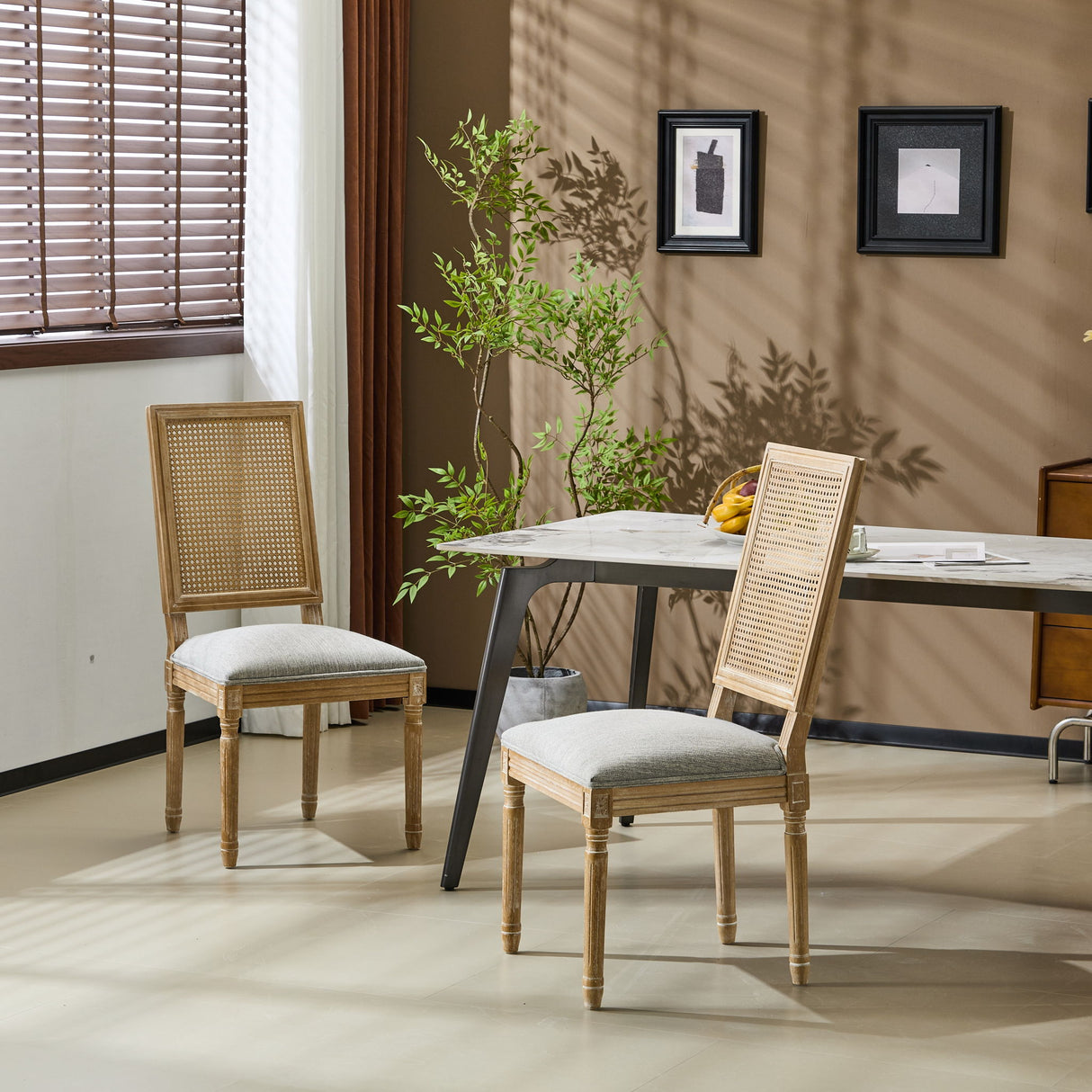 French Country Dining Chair With Rectangular Cane Backrest And Smooth Upholstered Seating