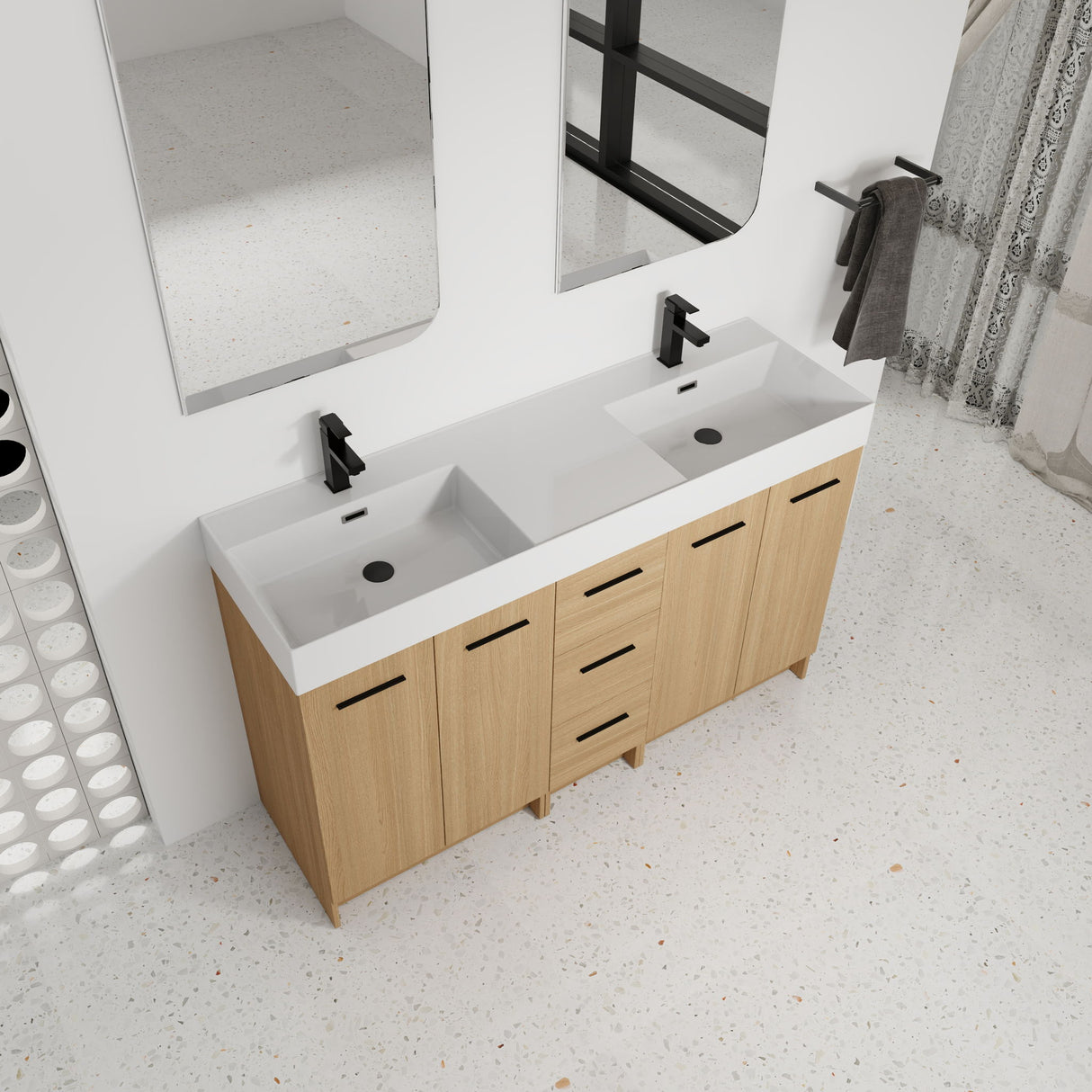 Double Sink Bathroom Vanity With 3 Drawers, Large Storage, Integrated Sink, Freestanding Cabinet, Soft Close Hardware - Glossy White / Light Oak