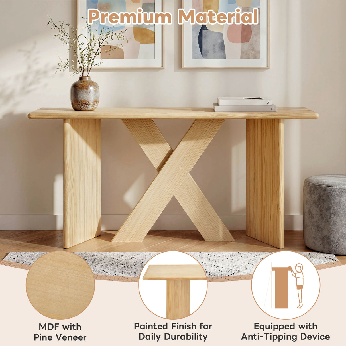 X-Frame Console Table, Angled Cross Leg Design, Rounded Edges - Natural