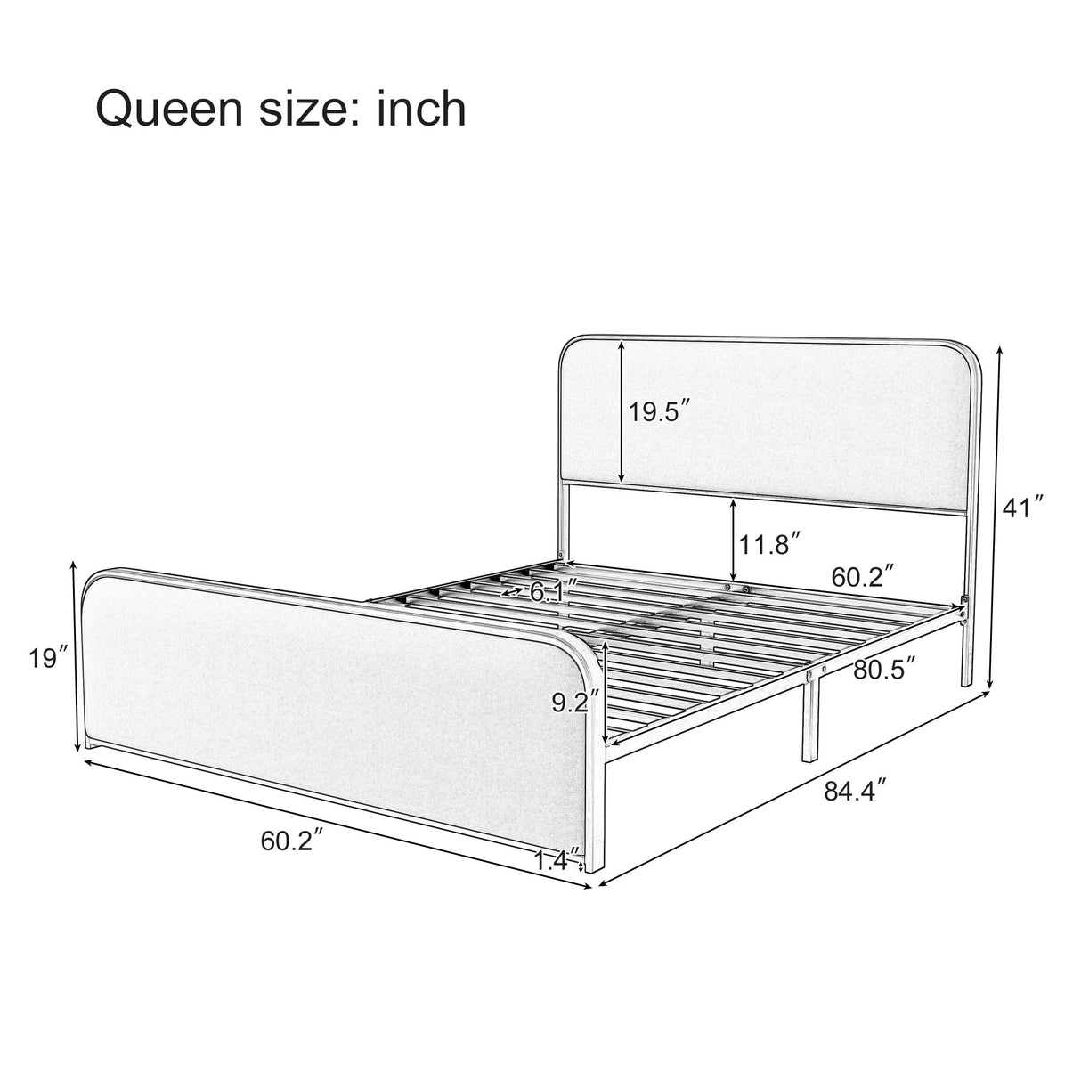 Queen Size Bed Frame With Curved Upholstered Headboard And Footboard - Beige / Gold