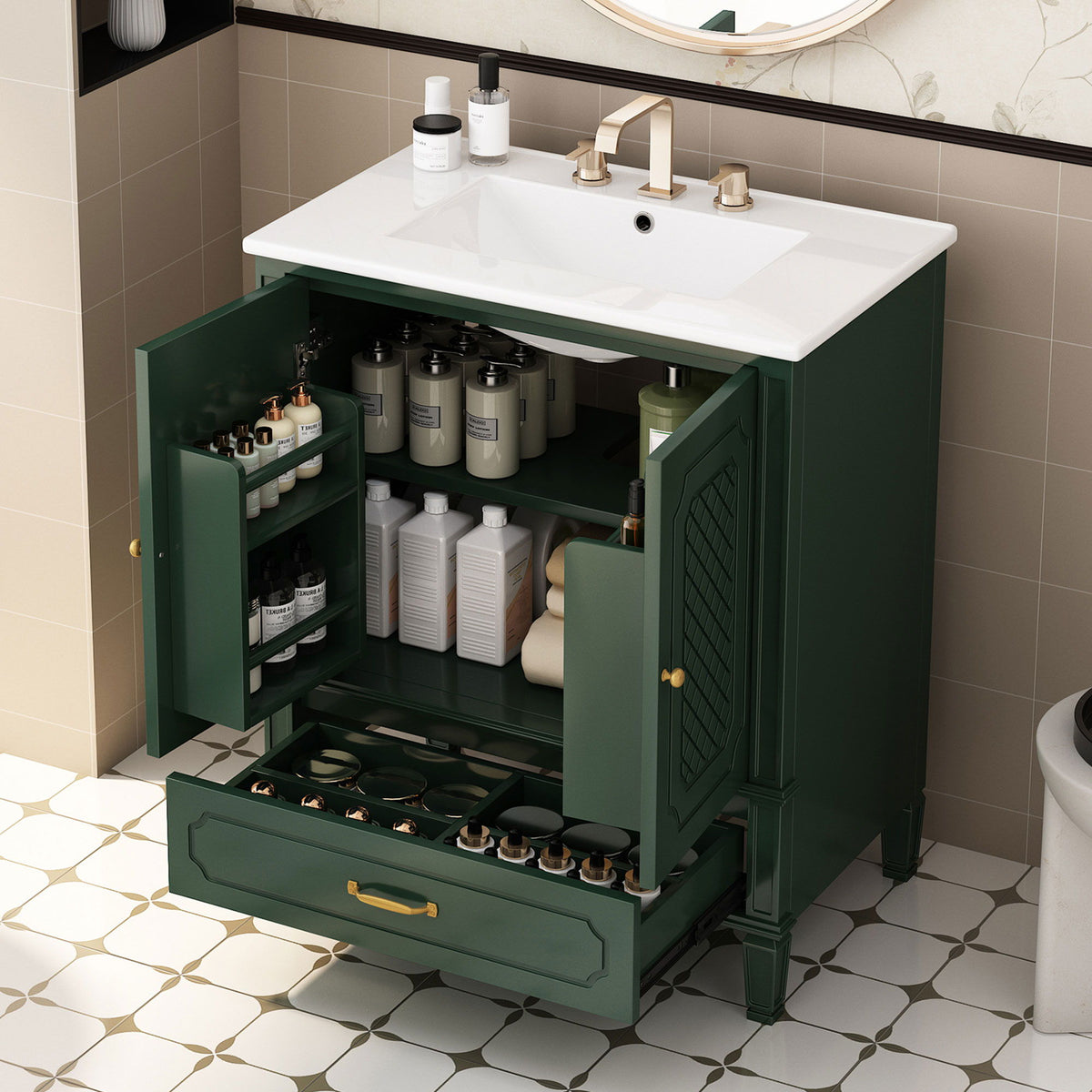 30" Bathroom Vanity With Sink, Soft Closing Door, Multi Functional Storage - Green