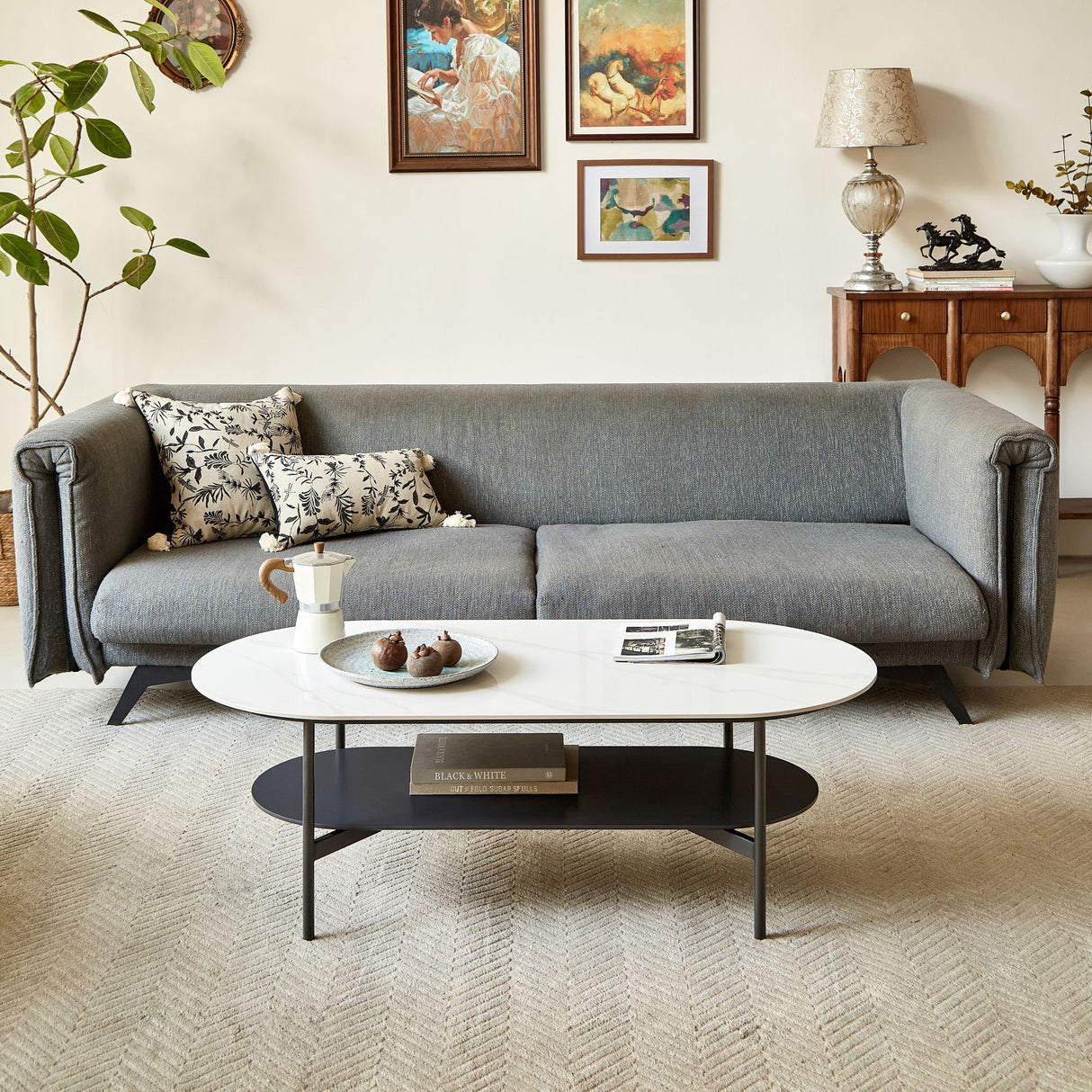 Contemporary Coffee Table Sintered Stone Surface With Ceramic Finish Double Layer Design Base Matte Shelf Modern Living Room Center Table - White / Gray