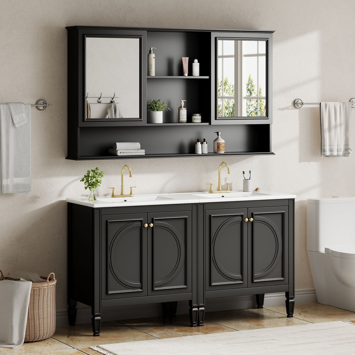 Double Sink Bathroom Vanity Set With Wall Mount Mirror Cabinet