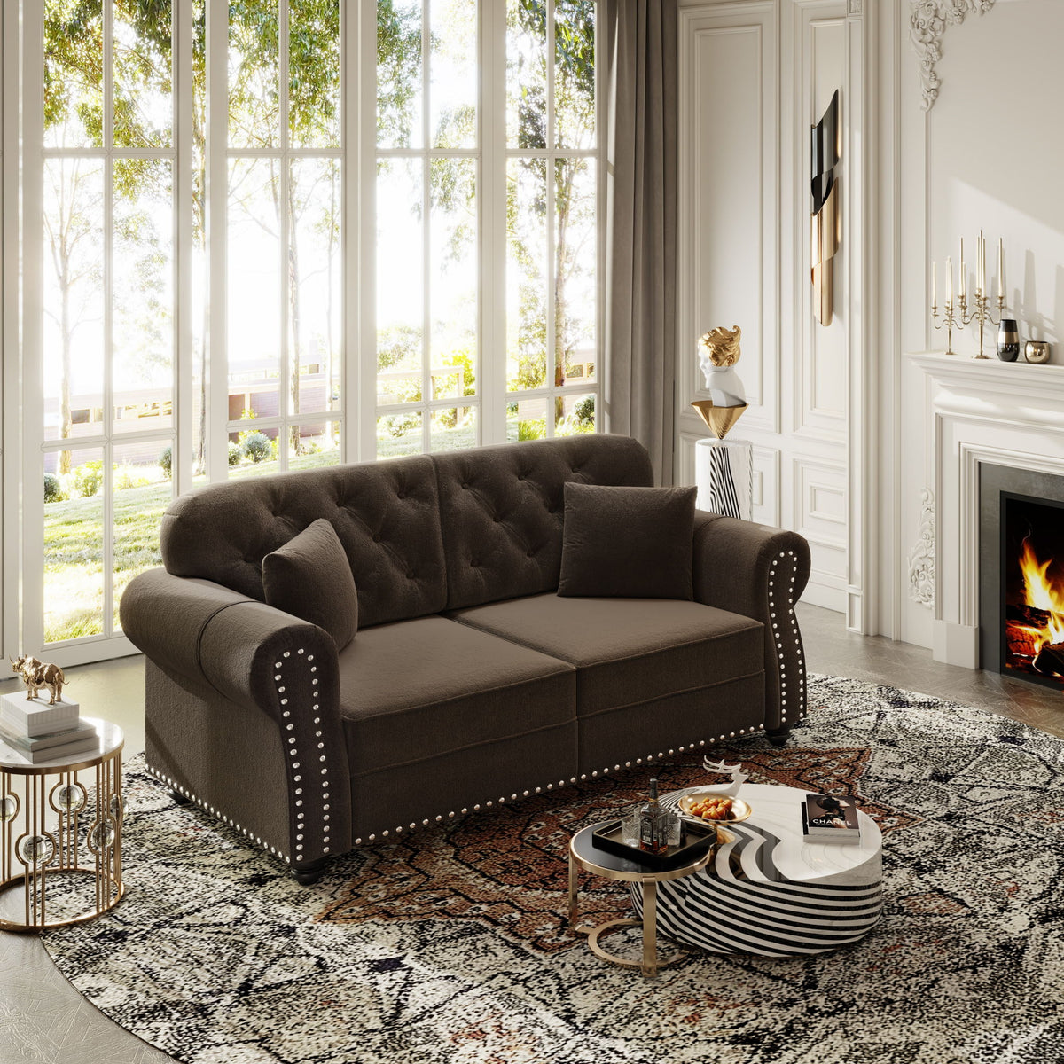 Upholstered Chesterfield Sofa With Nailhead Trim And Rolled Armrests