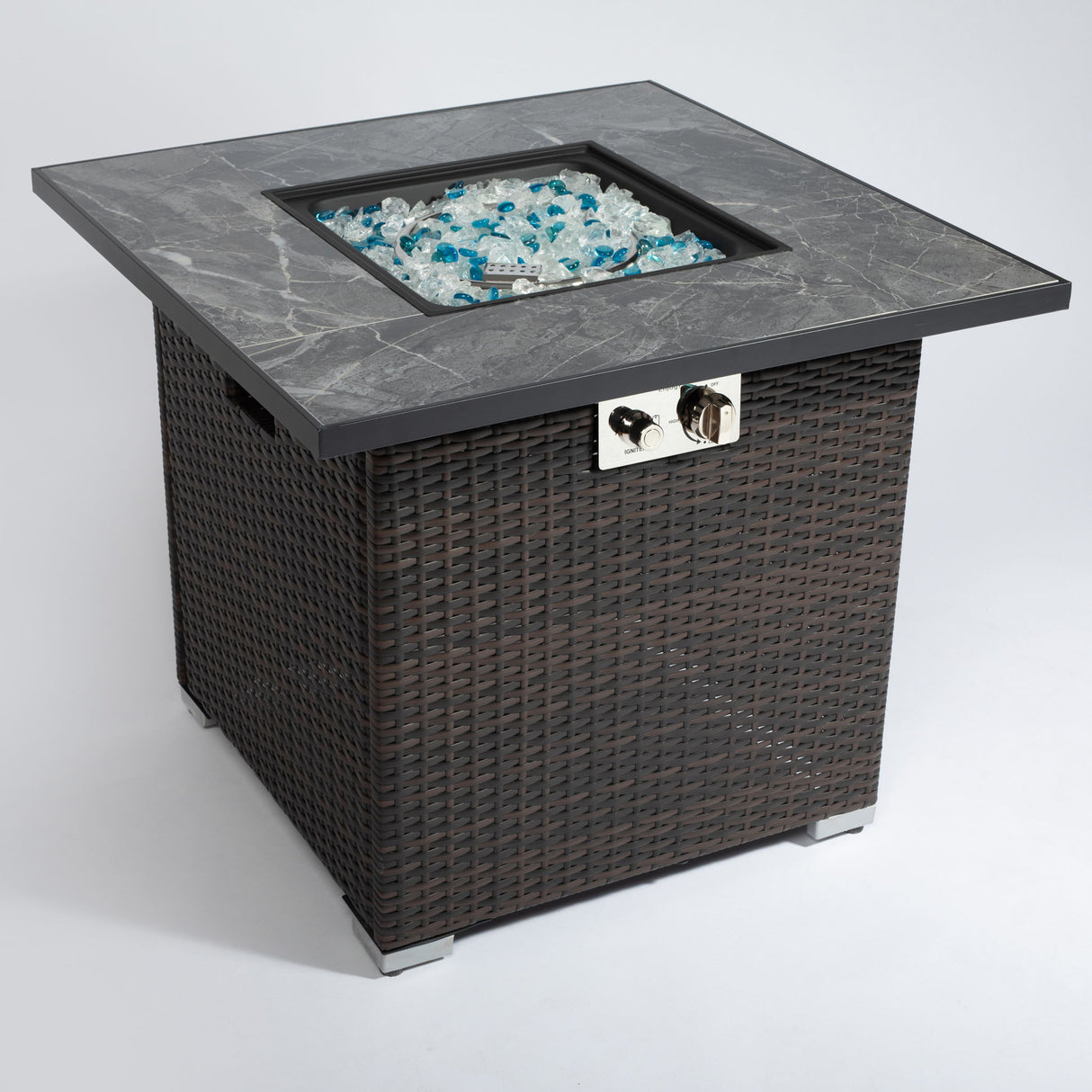 Outdoor Propane Gas Fire Pit Table With Lid With Glass Rocks And Rain Cover - Espresso