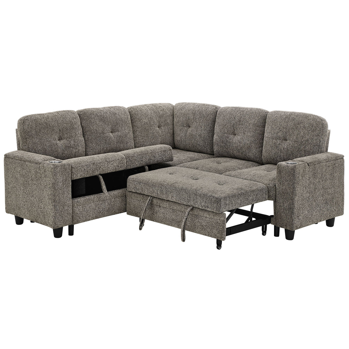 5 Seat Reversible L - Shaped Sleeper Sofa, Pull Out Convertible Sectional Couch With Storage, USB C - Charger, Cup Holders Modular Sofa Bed - Gray