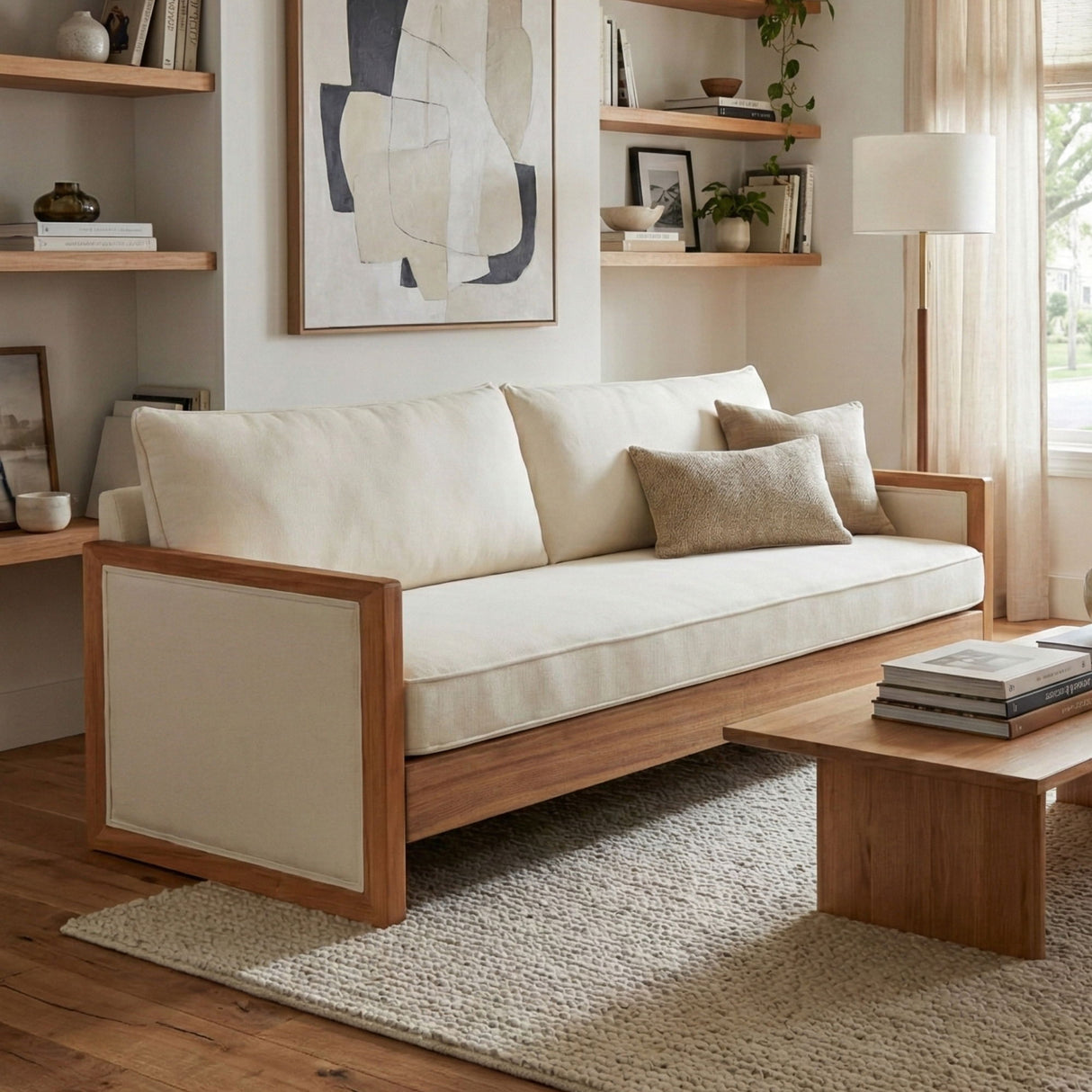 Modern 3 Seater Sofa With Wood Armrests