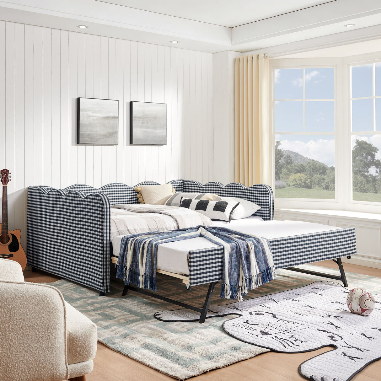 Gingham Daybed & USB Charging Port, Wave-Shaped Design