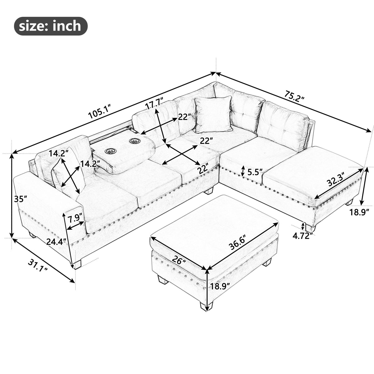 Modern Sectional Sofa With Storage Ottoman, L - Shape Couch With 2 Pillows And Cup Holders