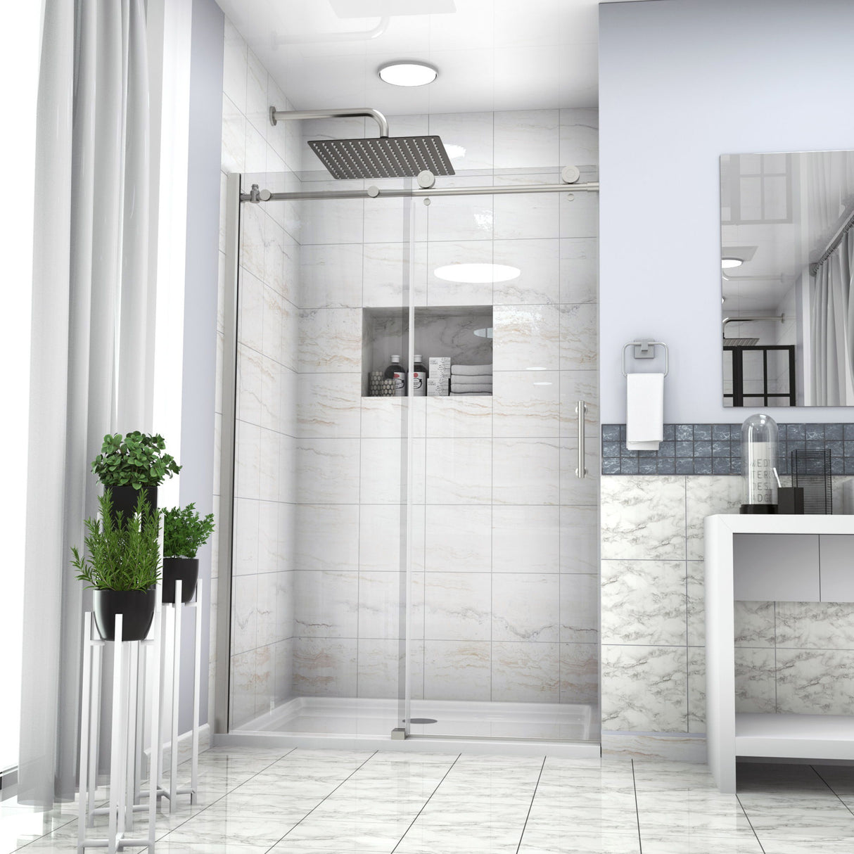 Shower Door Single Sliding Bypass Enclosure - Brushed Silver