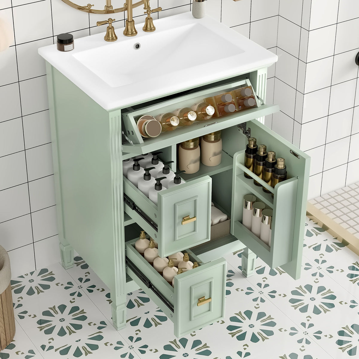 Bathroom Vanity With Sink, Flip Drawer, 2 Drawers, Adjustable Shelf, Freestanding - Green