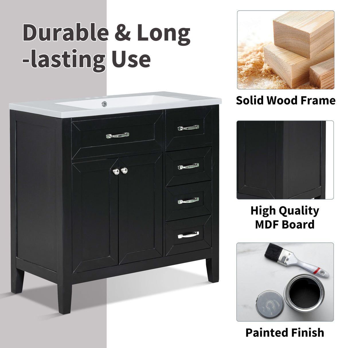 Modern Bathroom Vanity Base Only, 2 Doors And 3 Drawers