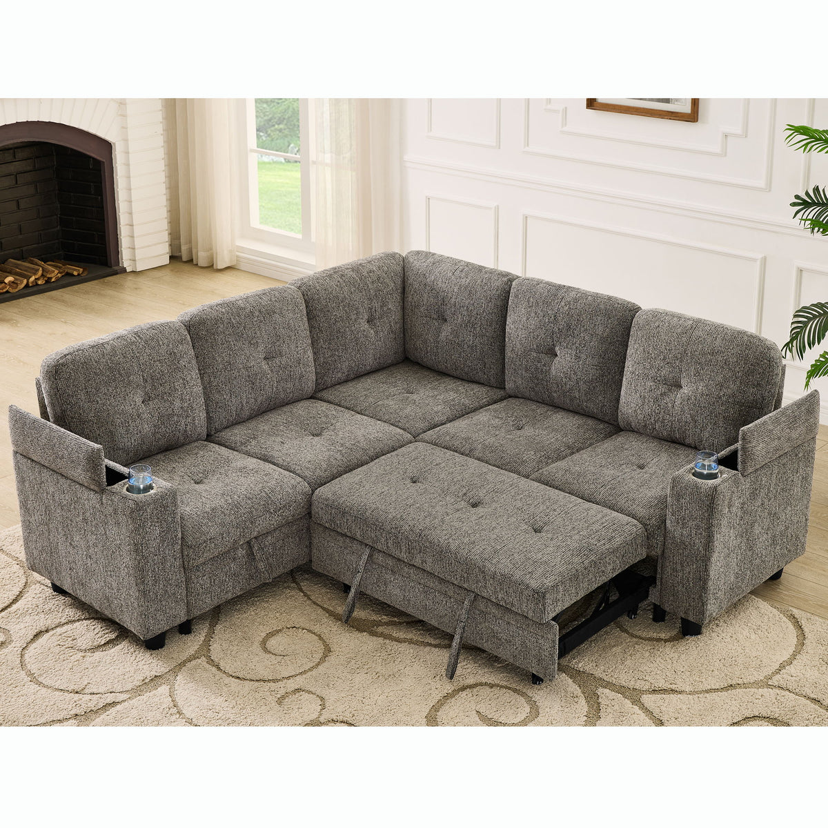 5 Seat Reversible L - Shaped Sleeper Sofa, Pull Out Convertible Sectional Couch With Storage, USB C - Charger, Cup Holders Modular Sofa Bed - Gray