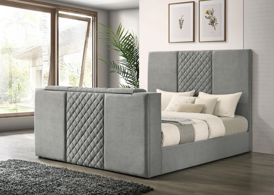 Tara 61-inch Upholstered Eastern King Panel TV Bed Grey - 315994KE