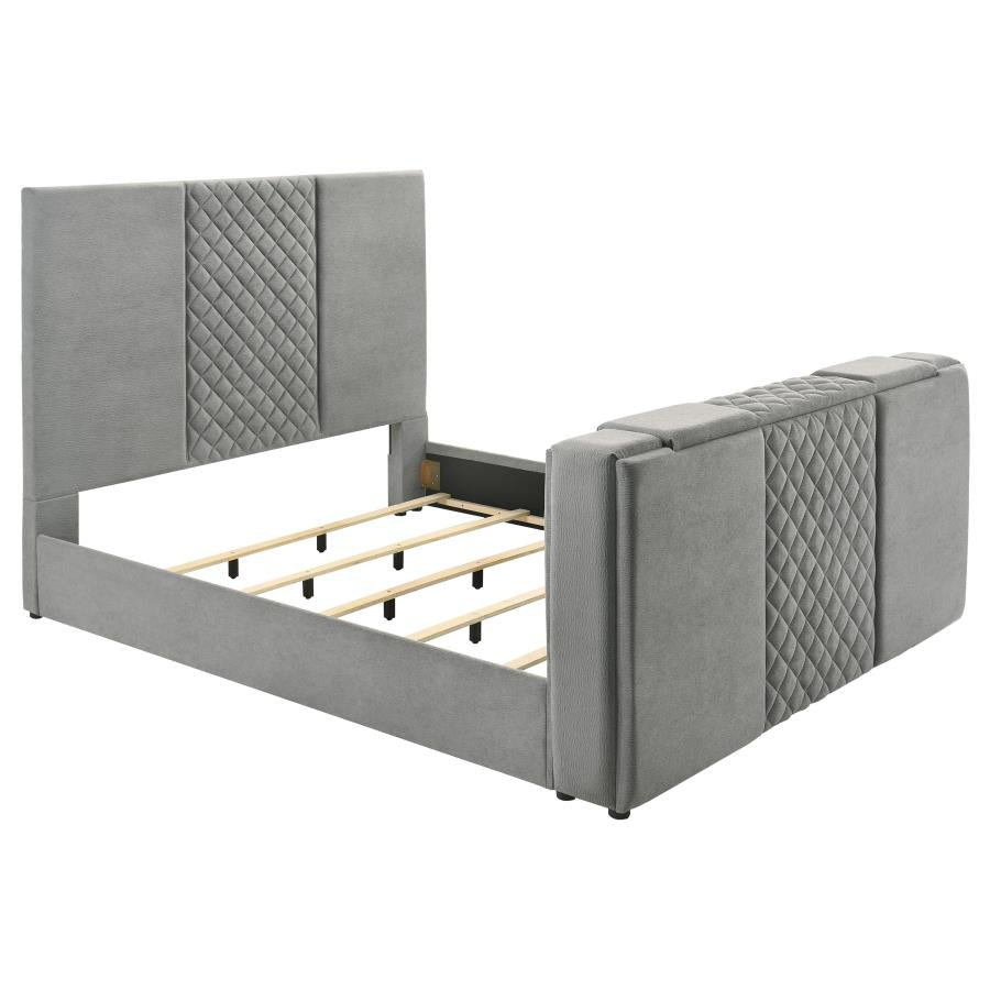 Tara 61-inch Upholstered Eastern King Panel TV Bed Grey - 315994KE