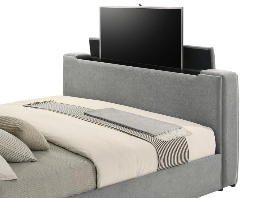 Tara 61-inch Upholstered Eastern King Panel TV Bed Grey - 315994KE