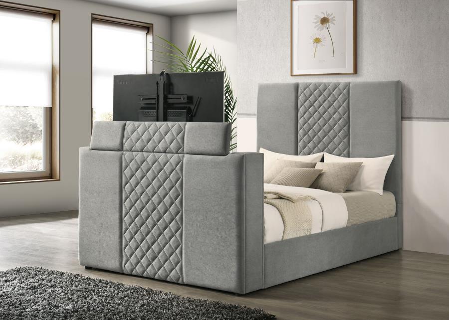 Tara 61-inch Upholstered Queen Panel TV Bed Grey - 315994Q