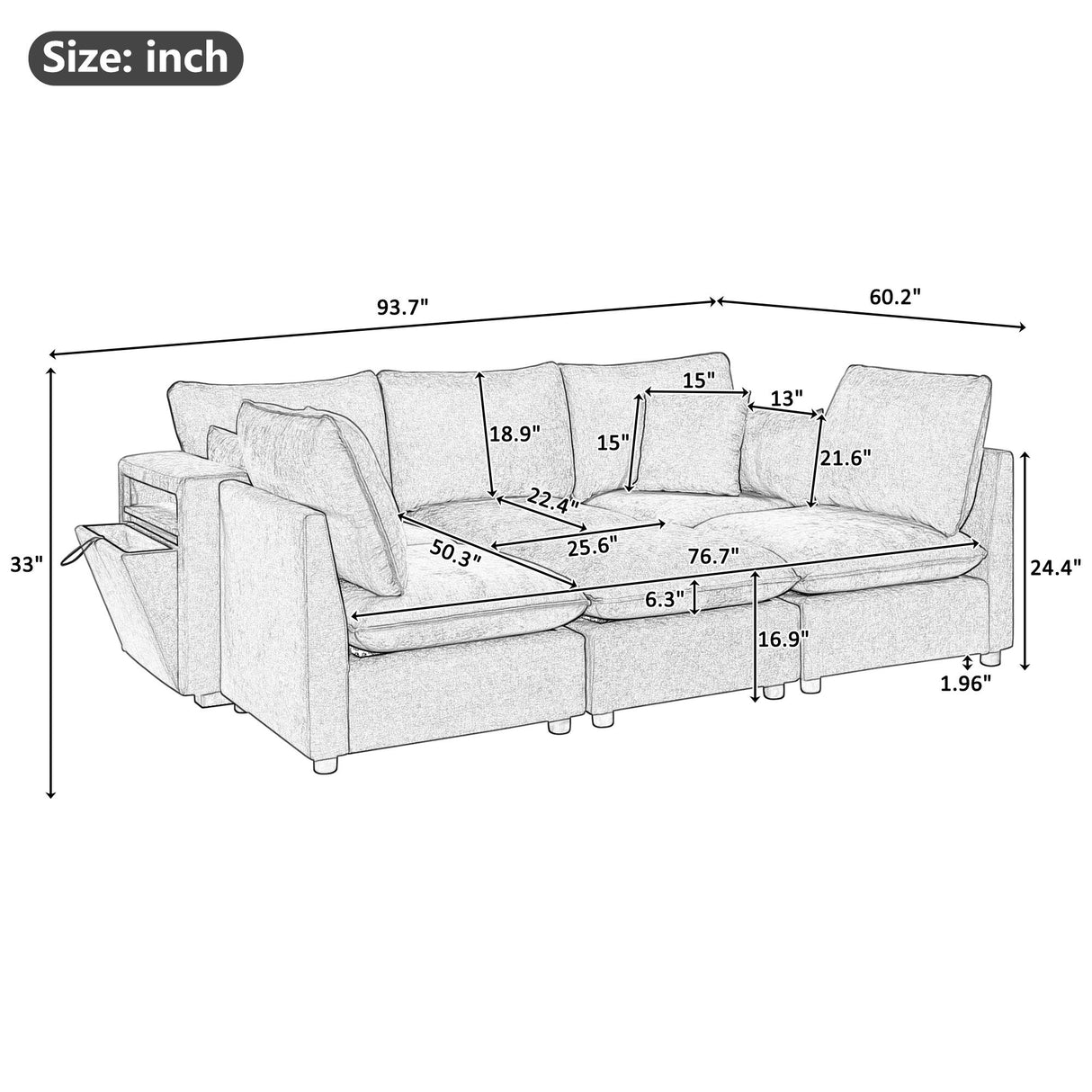 Sectional Modular Sofa, U-Shaped With Movable Ottoman, Storage Armrests And USB Ports - Beige