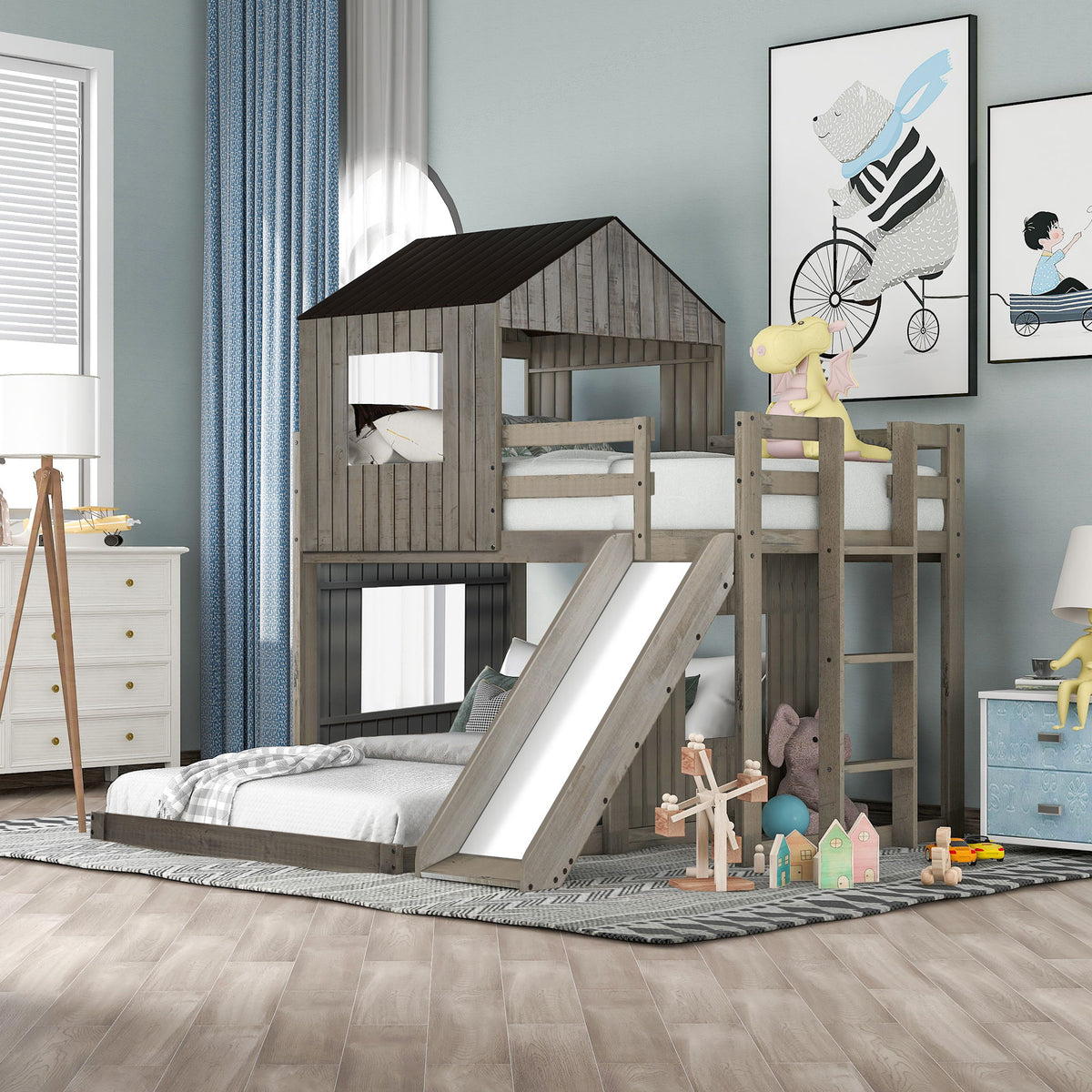 Twin Over Full Loft Bunk Bed With Playhouse, Farmhouse, Ladder, Slide And Guardrails - Antique Gray
