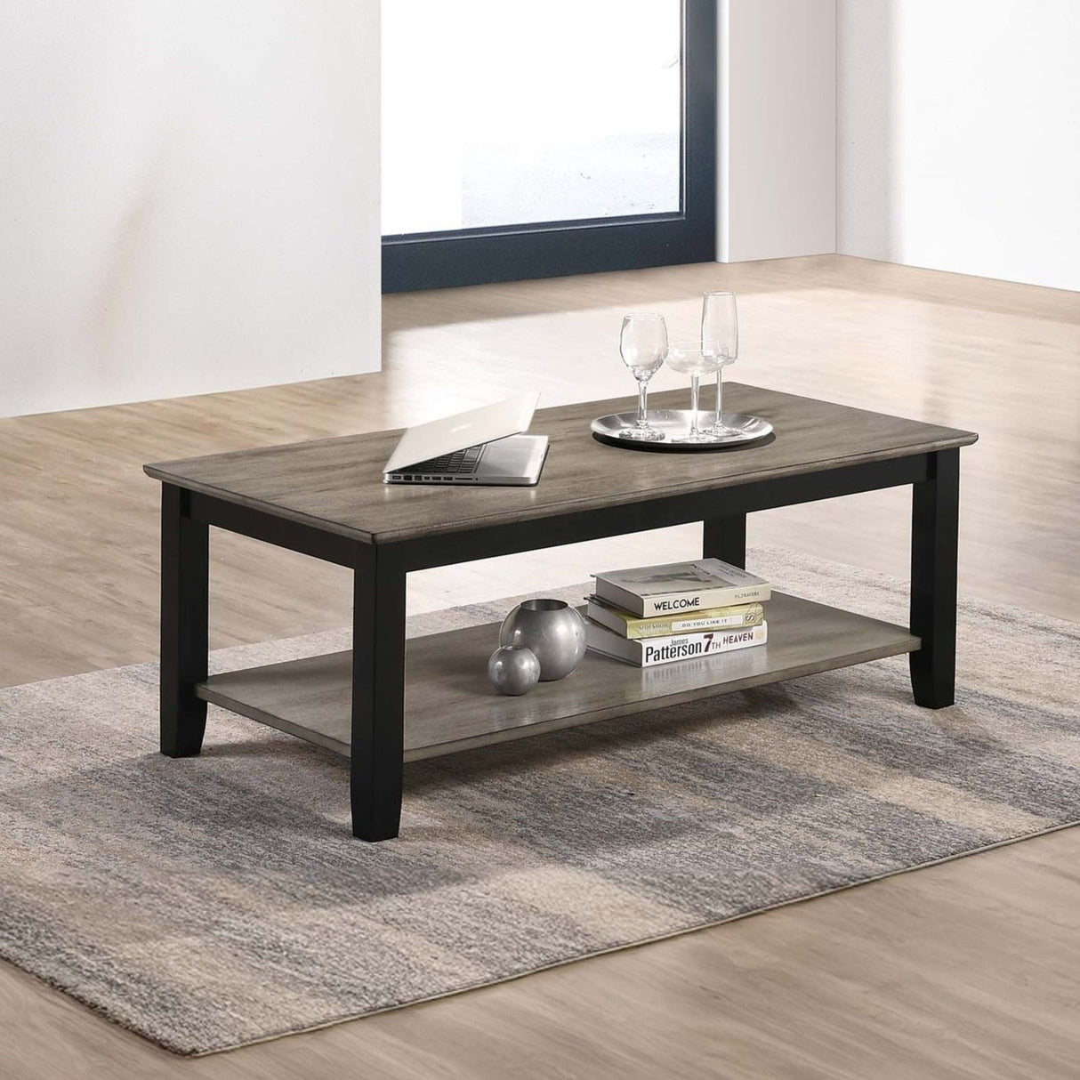 3 Piece Table Set With Open Shelf Storage, Includes Coffee, End & Console Table - Black / Black / Gray / Gray