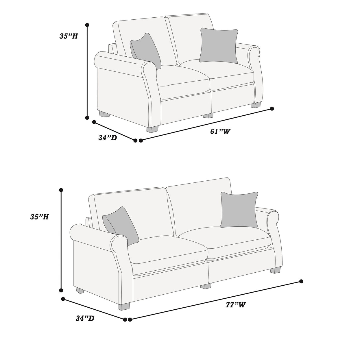 Contemporary 2 Piece Sofa Set With Matching Pillows