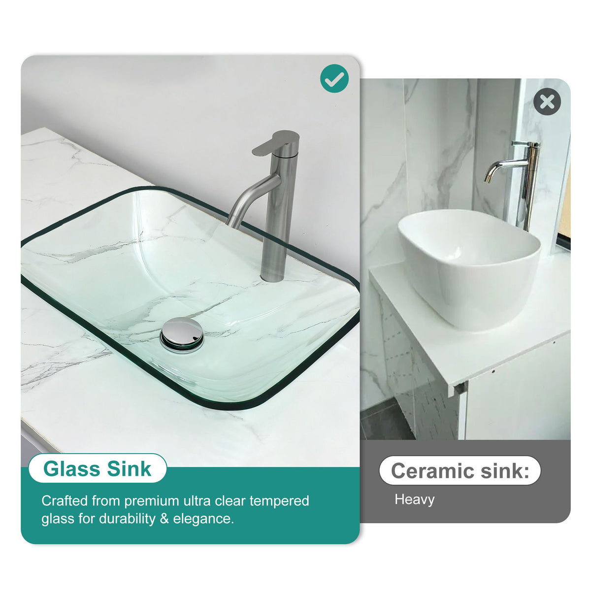 Clear Vessel Sink Rectangle Above Counter Bathroom Basin With Pop Up Drain, No Faucet - Clear