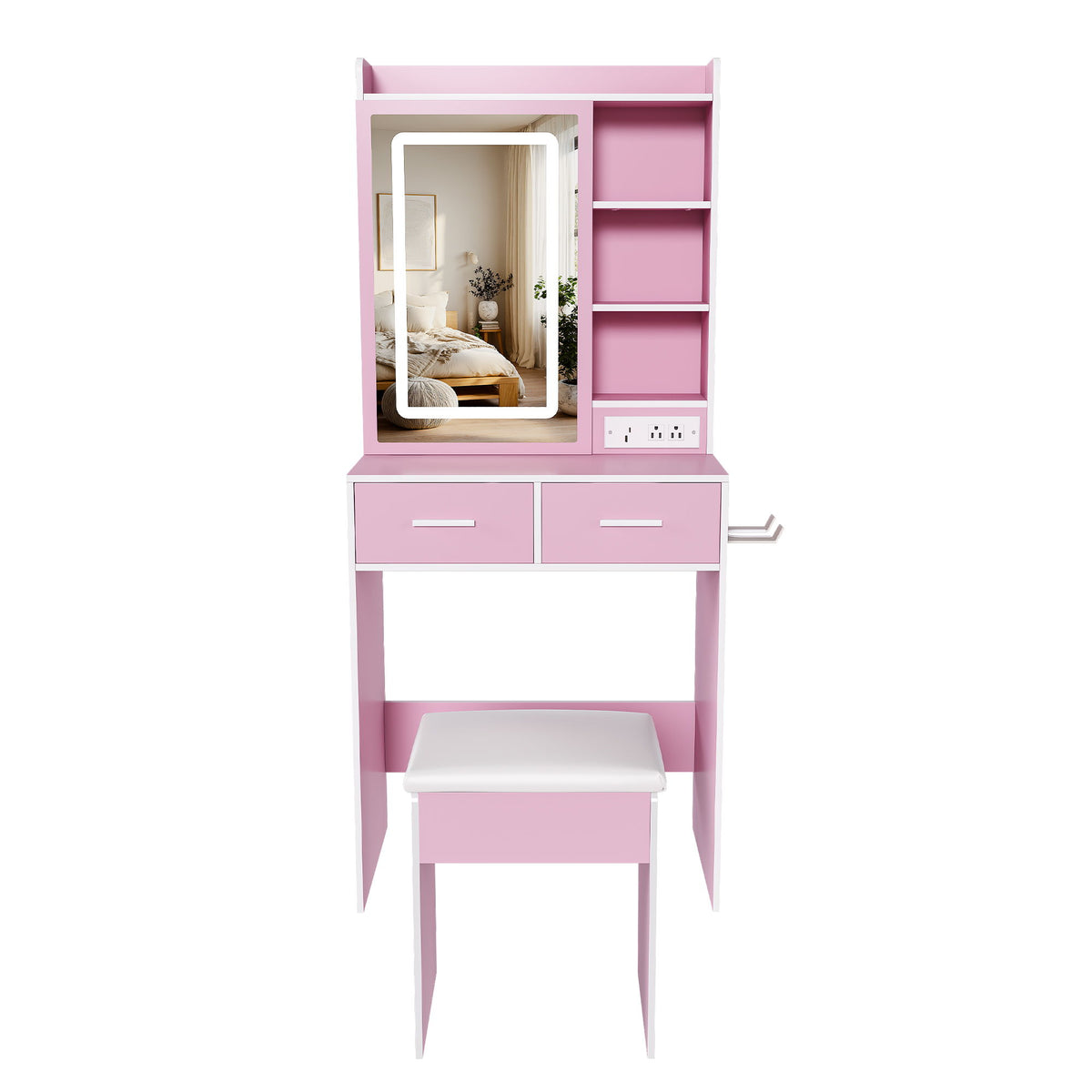 Small Makeup Vanity Desk With Adjustable LED Lights, Built In Power Outlet & Hidden Storage, Includes Padded Stool And Shelf - Pink