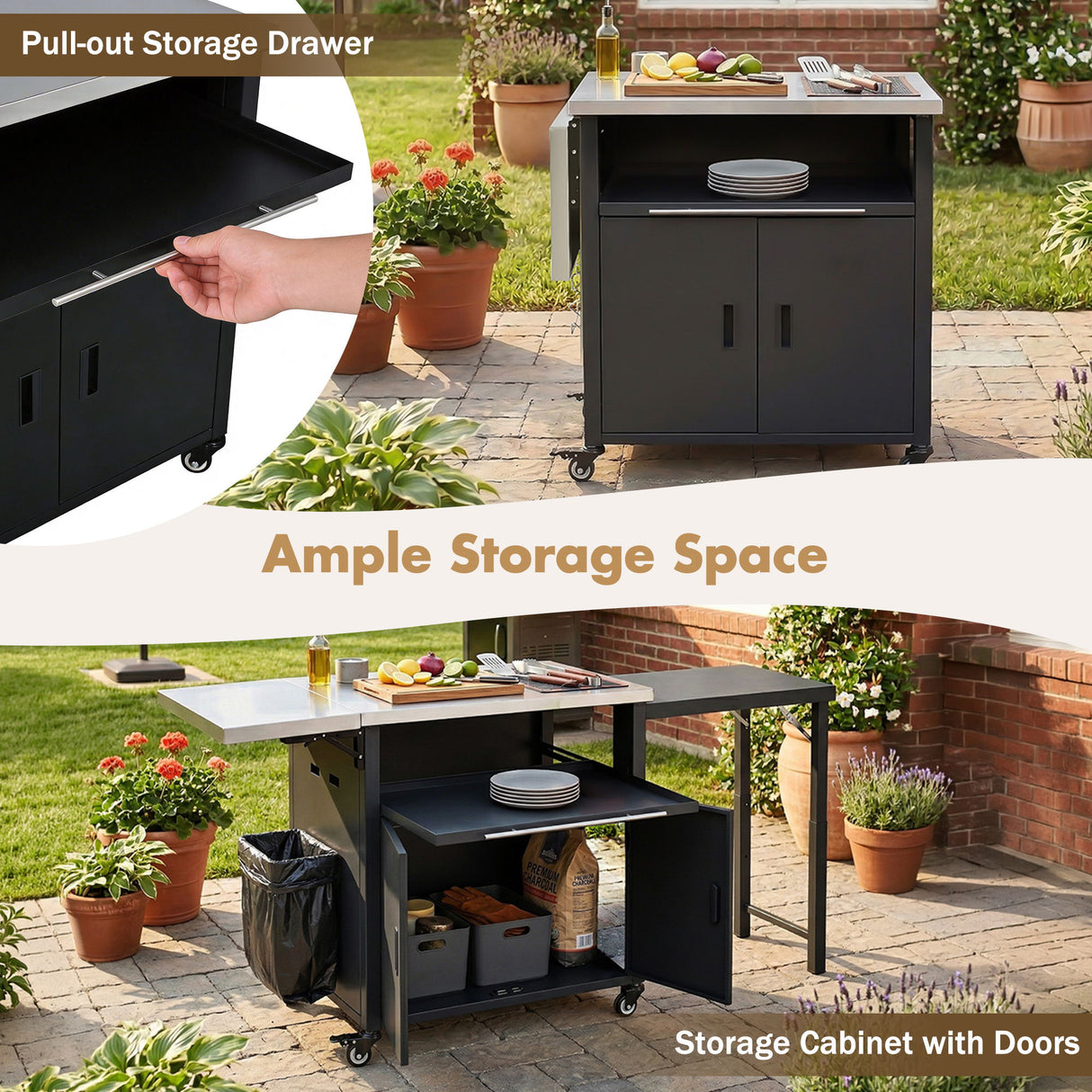 Foldable Outdoor Prep Station BBQ Cart With Trash Rack