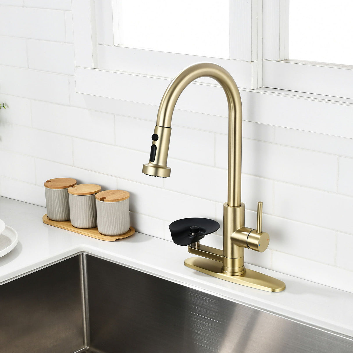 3 In 1 Kitchen Faucet With Press Type Glass Rinser, High Arc Pull Down Sprayer