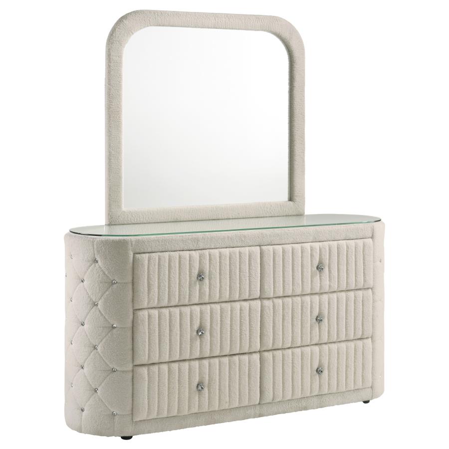 Sonya 6-drawer Upholstered Bedroom Dresser with Mirror Ivory - 360113M