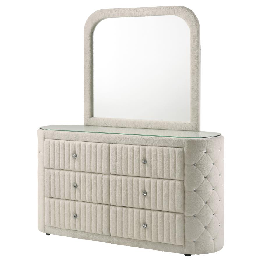 Sonya 6-drawer Upholstered Bedroom Dresser with Mirror Ivory - 360113M