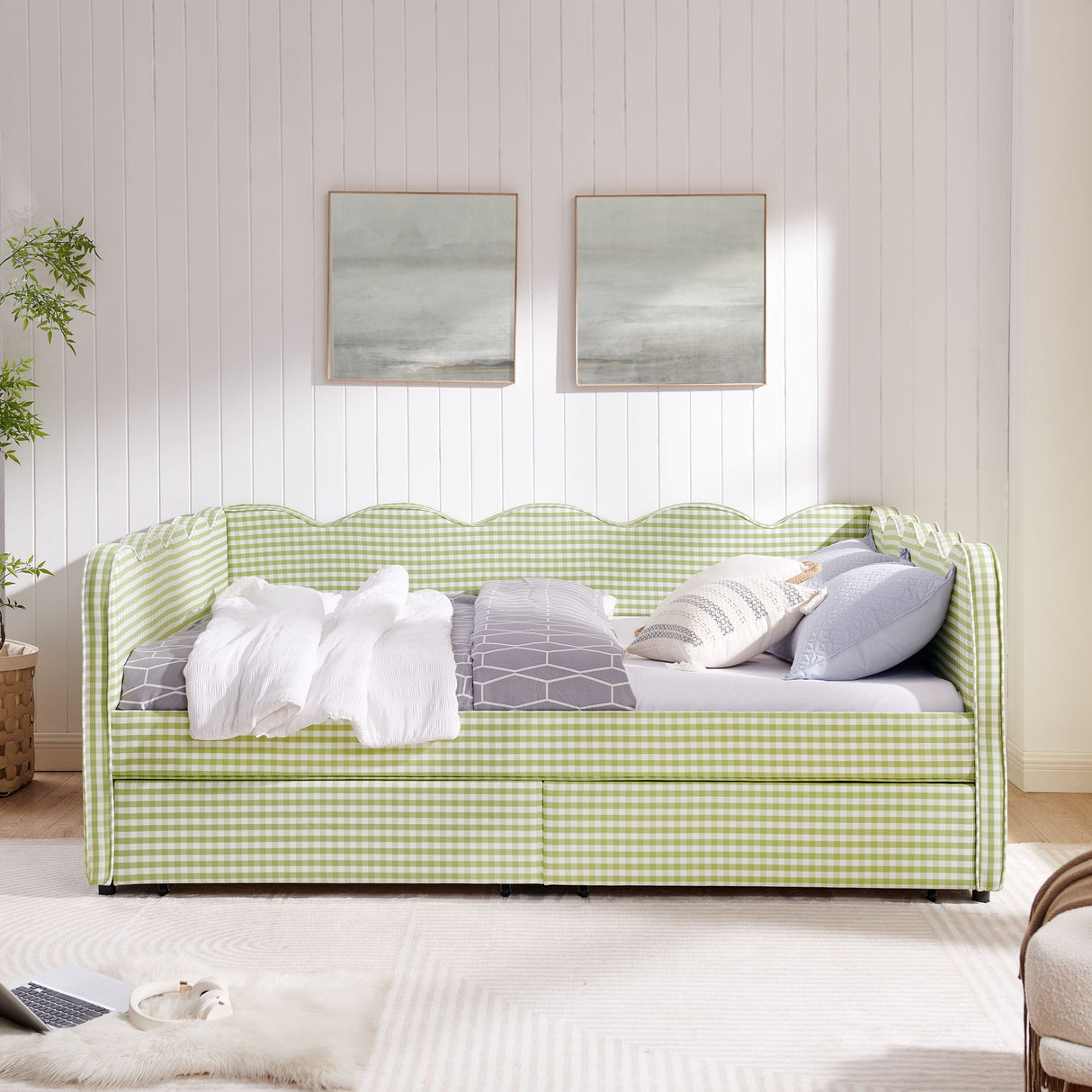 Gingham Daybed & USB Charging Port, Wave Shaped Design