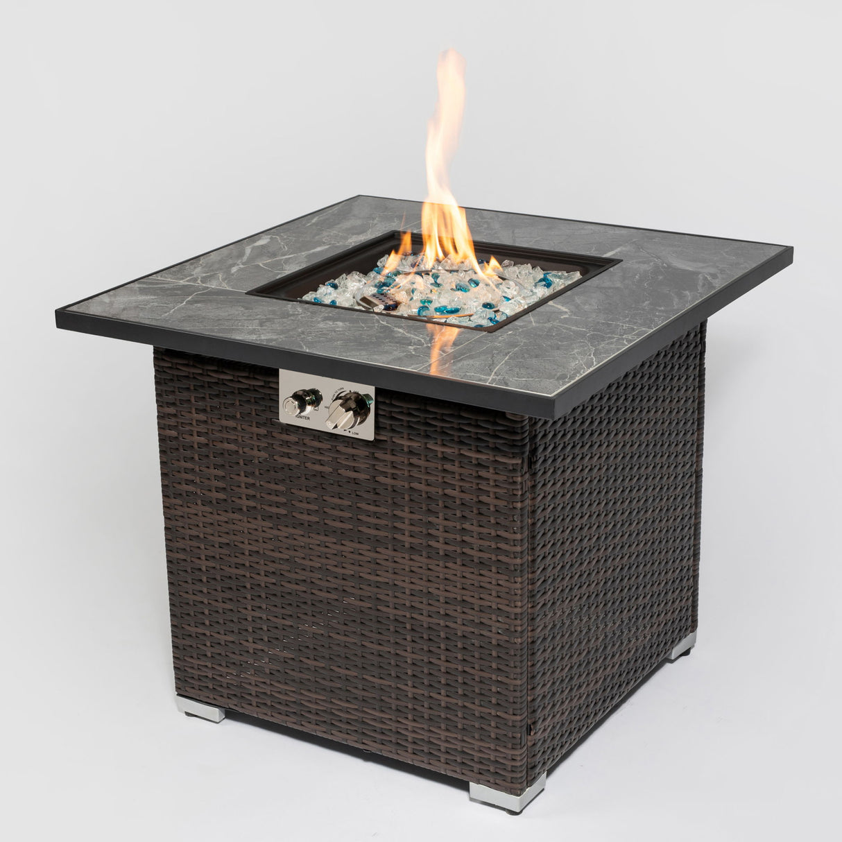 Outdoor Propane Gas Fire Pit Table With Lid With Glass Rocks And Rain Cover - Espresso