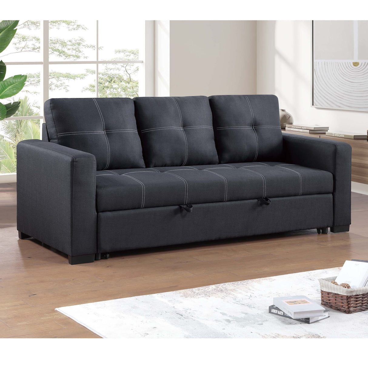 Sectional Sofa Pull Out Bed Upholstered Tufted Convertible Couch - Black