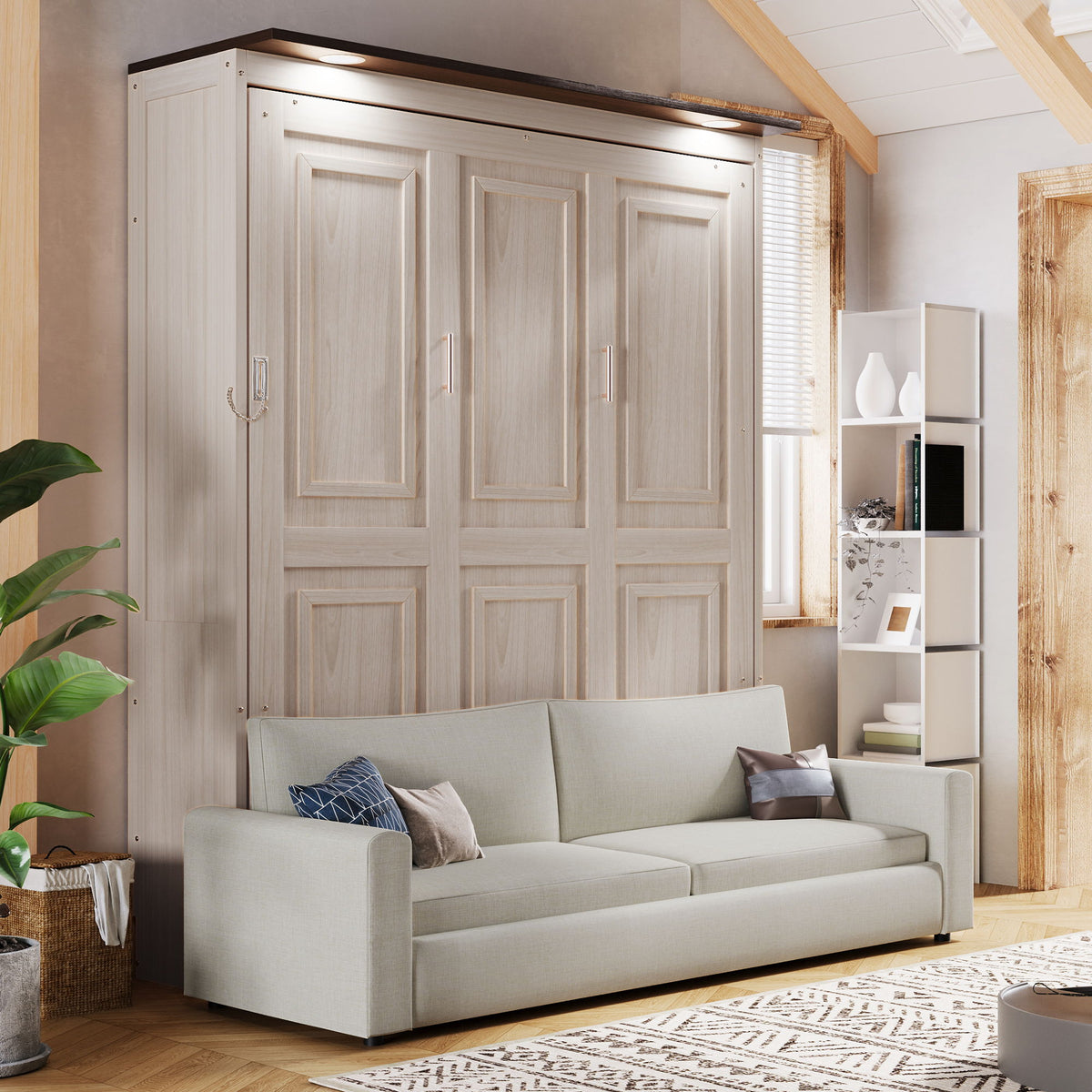 Queen Size Murphy Bed With Sofa And LED - Beige