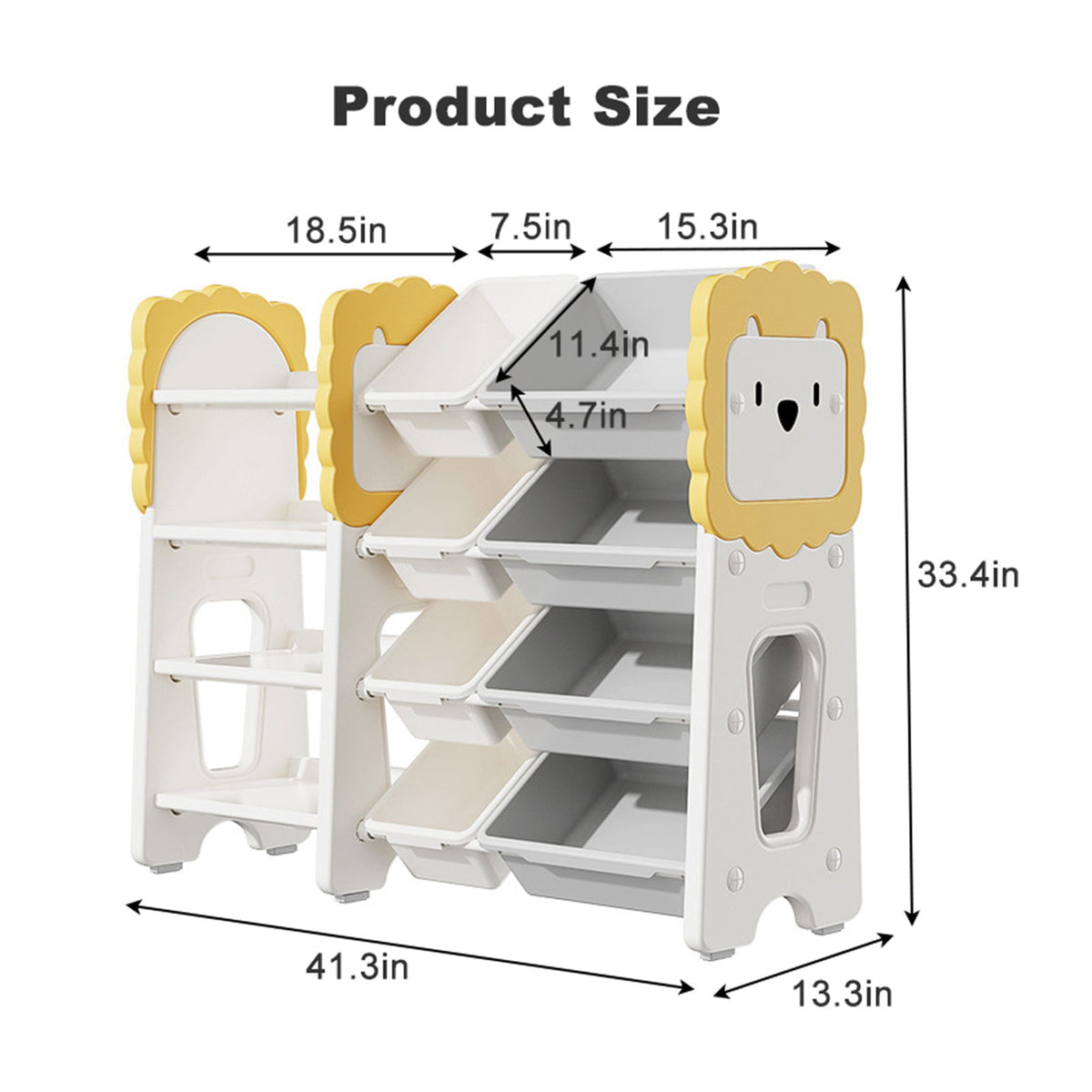 Kids Bookshelf And Toy Storage, 4 Tier Toy Organizers With 8 Removable Storage Bins, Kids Toy Storage Organizer For Study Room - Gray / White / Yellow