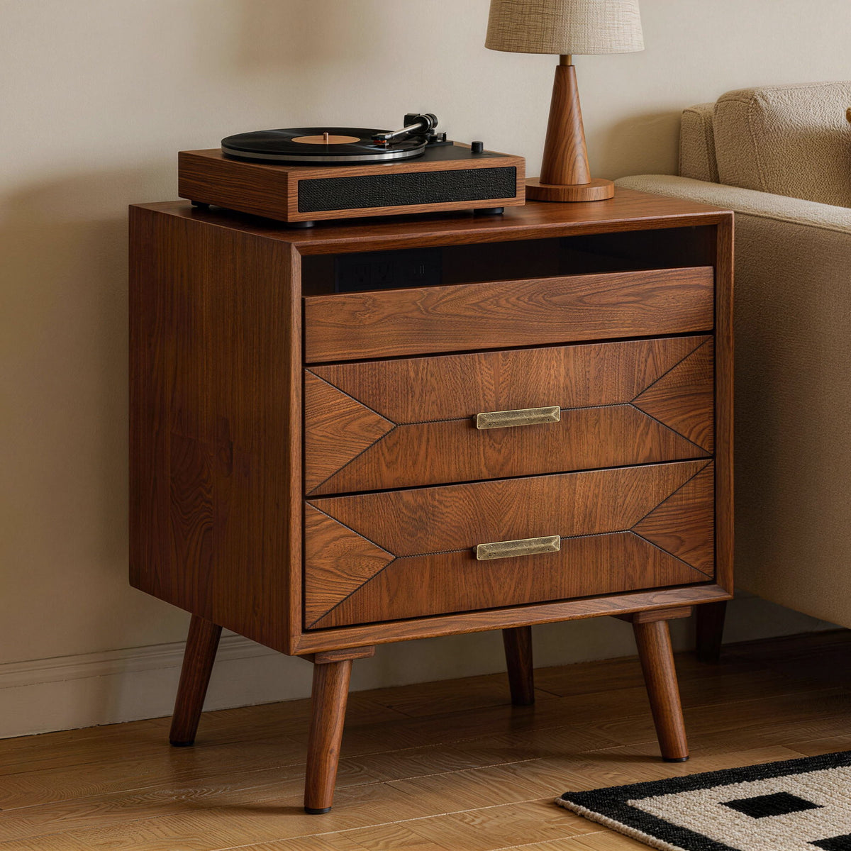 Nightstand With Charging Station, Bedside Table, 2 Drawers And Open Shelf, USB / Type C Ports For Bedroom - Walnut