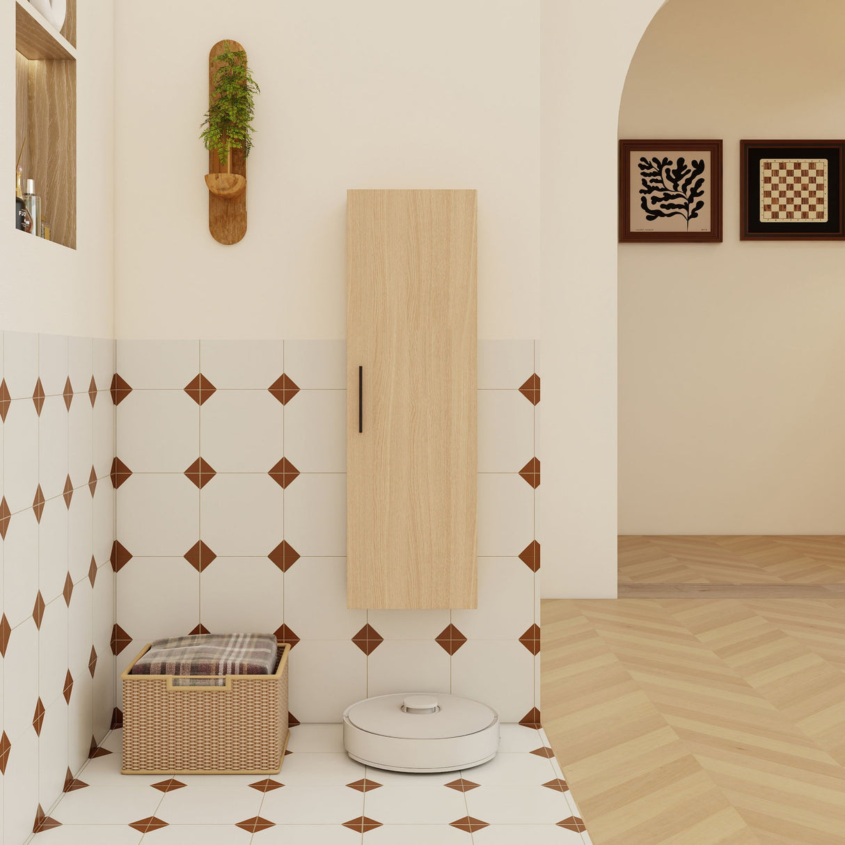 Tall Floating Bathroom Side Cabinet, Wall Mounted Single Door Storage - Light Oak