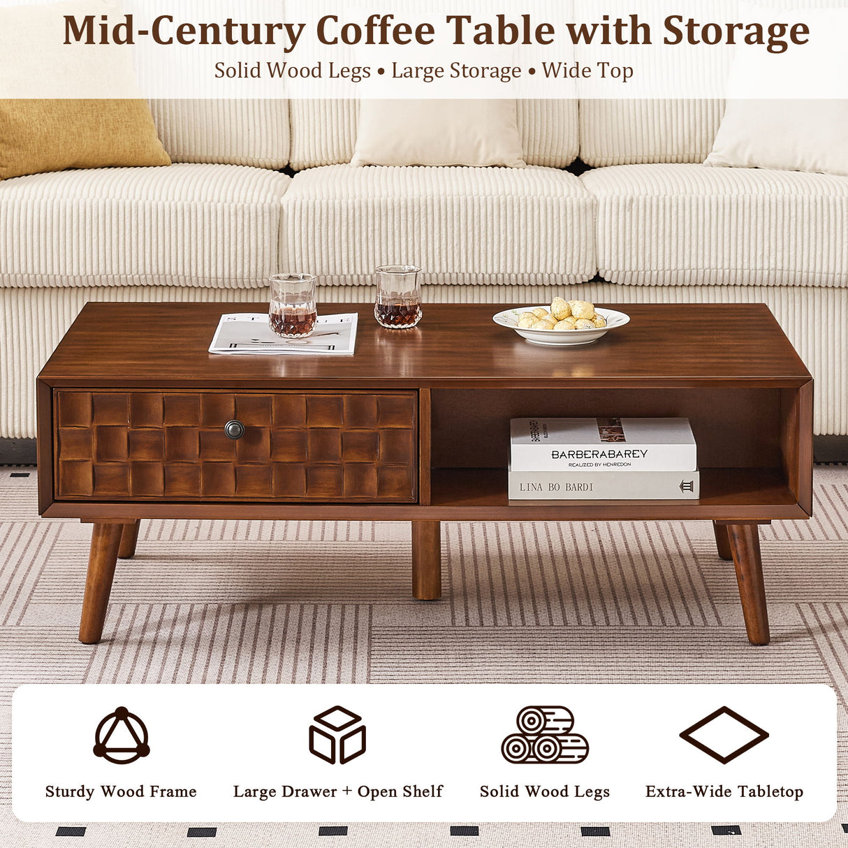Coffee Table With Hidden Drawer And Open Shelf