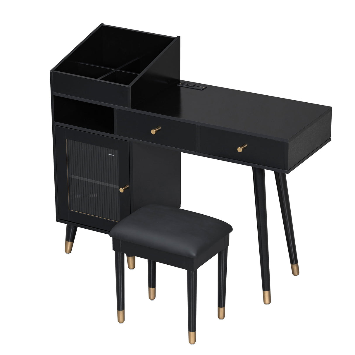 Modern Makeup Vanity Desk With Drawers Cabinet & Charging Port Engineered Wood Space Saving Design For Small Places - Black
