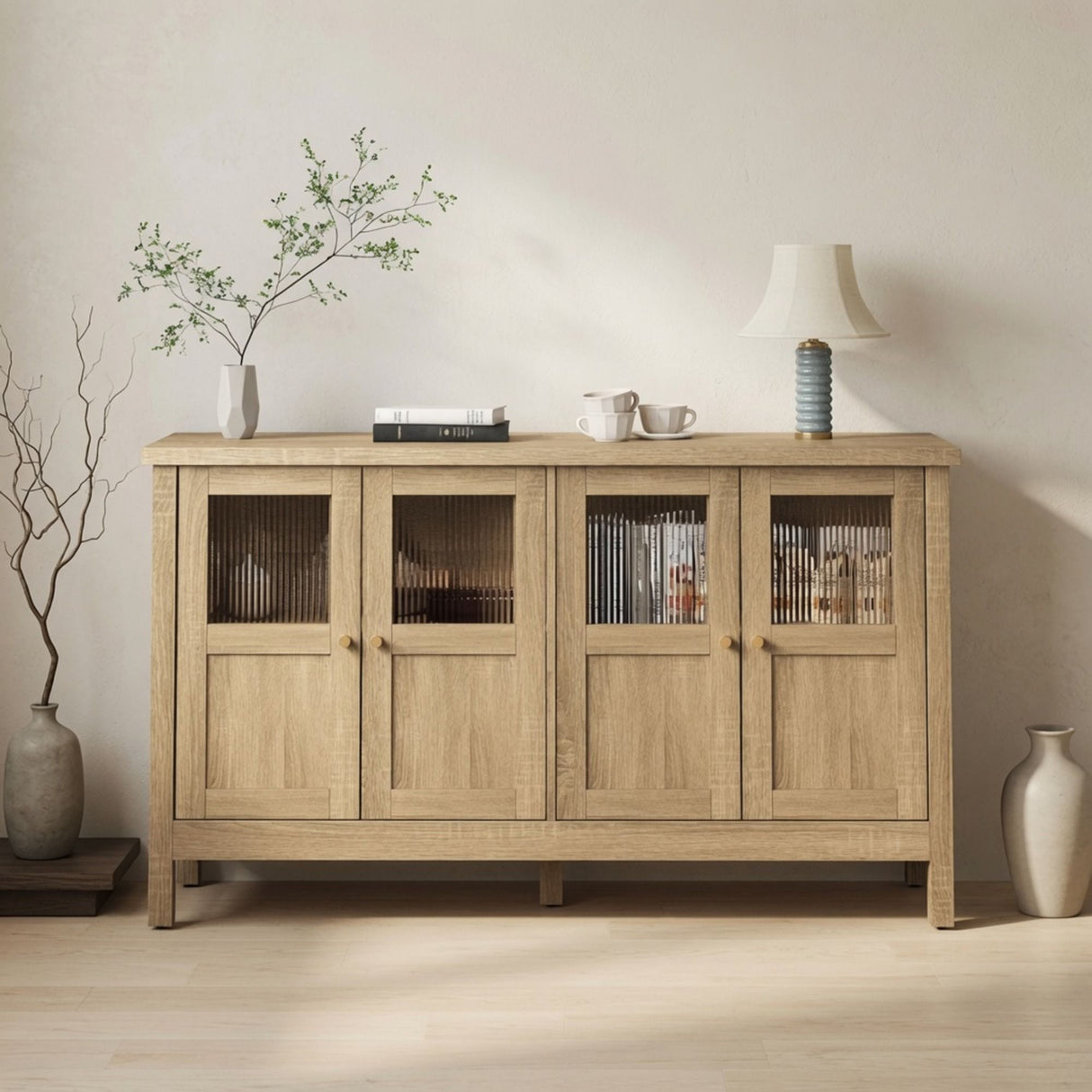 Buffet Cabinet With 4 Doors, Adjustable Shelves Handles - Natural