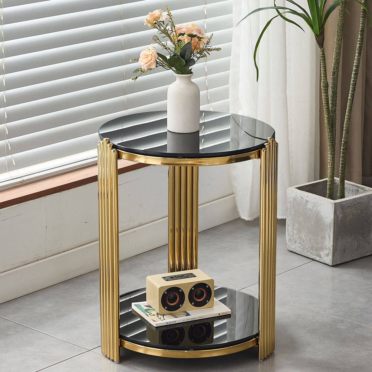 Round End Table With Double Layer - Black / Gold