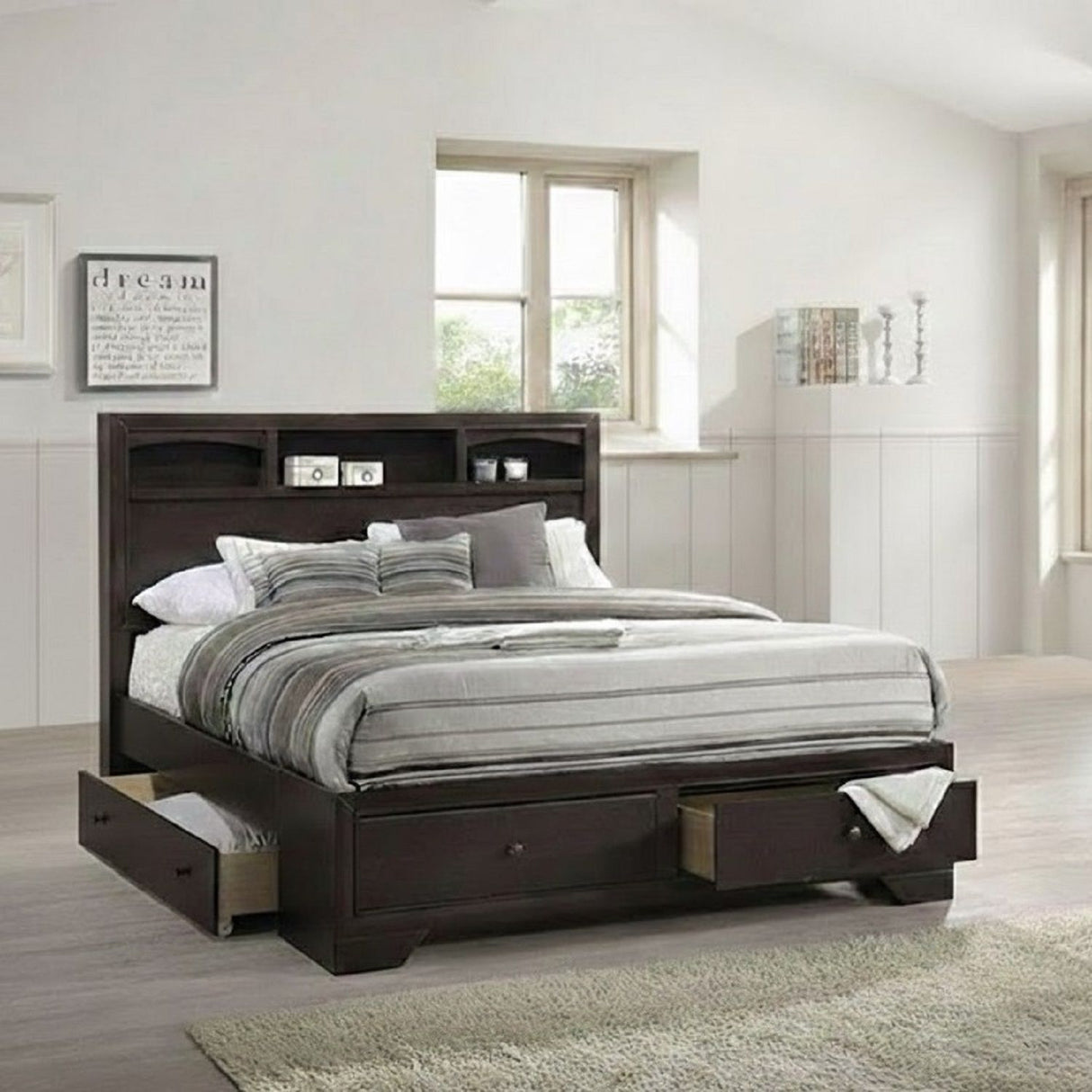 Queen Size Bed With Storage Drawers And Headboard - Brown Mix