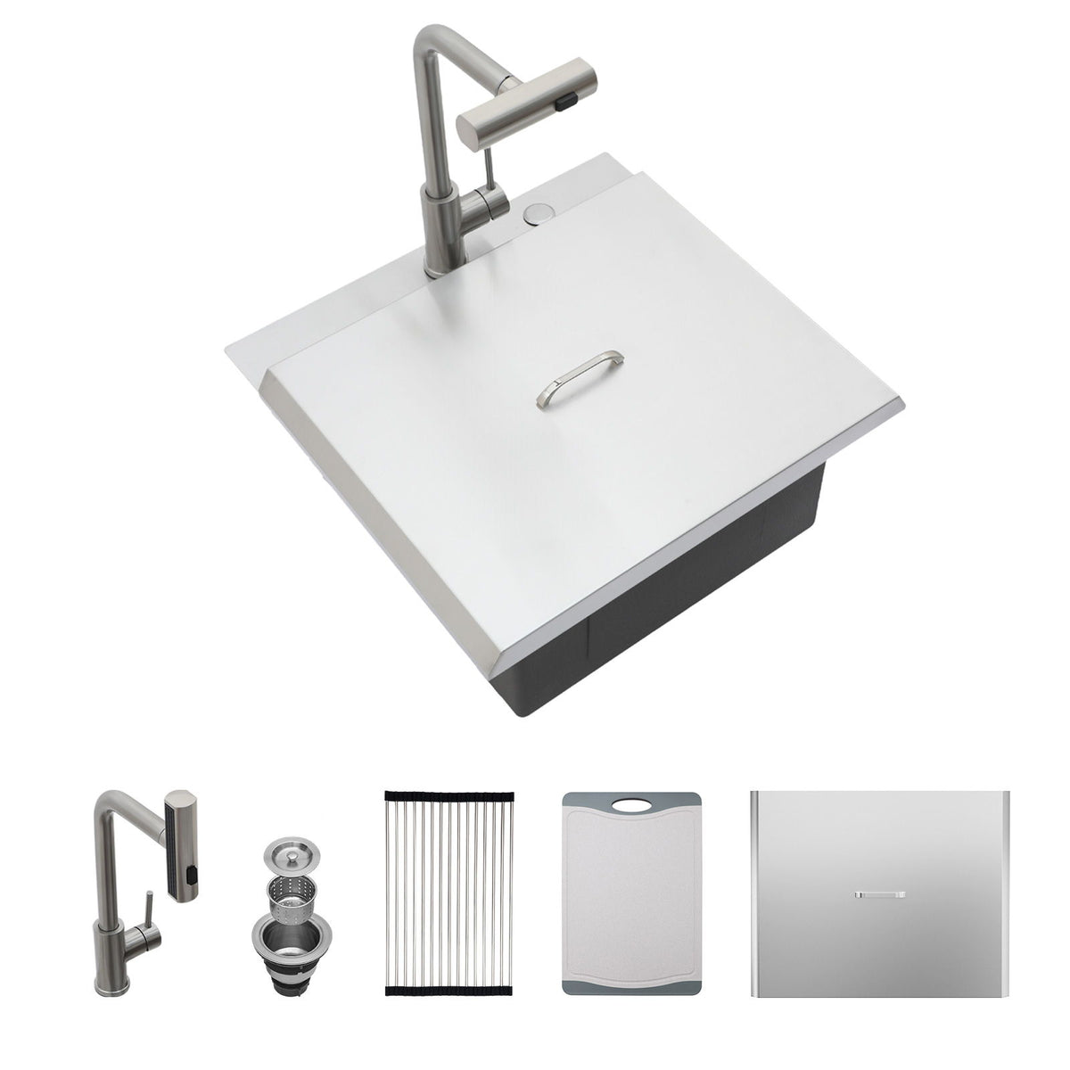 21" Drop In Kitchen Sink With Pull Out Faucet And Sink Cover, 16 Gauge - Brushed Nickel
