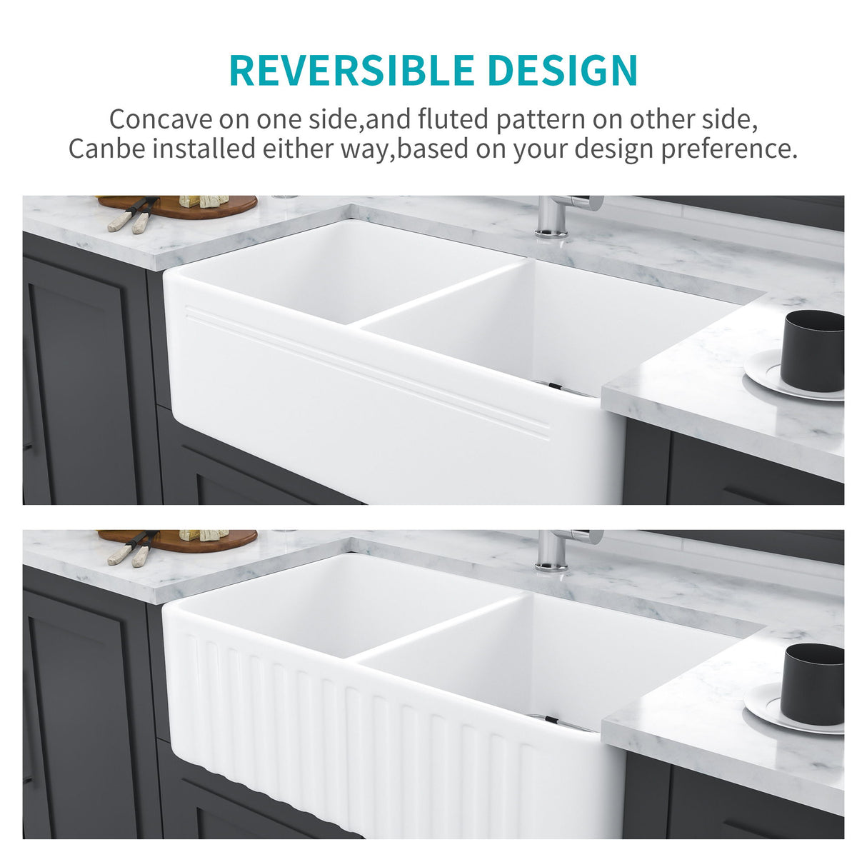 Sink 33" Double Bowl Apron Front Kitchen Sink 50 / 50 - White