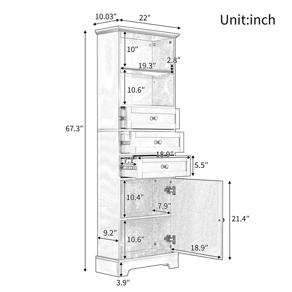 Tall Storage Cabinet With 3 Drawers And Adjustable Shelves For Bathroom