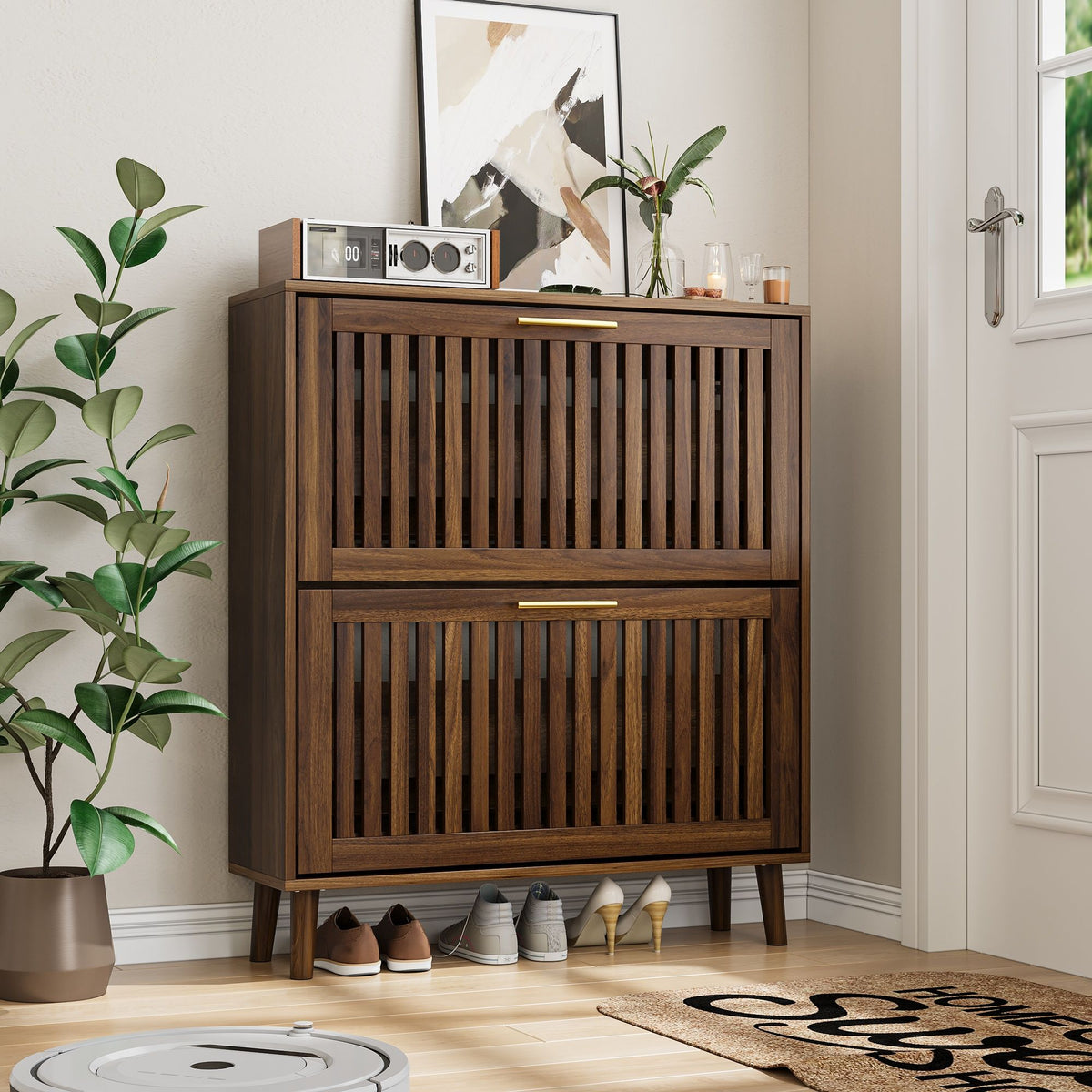 Medieval Modern Shoe Cabinet With 2 Flip Drawers And Fence Design
