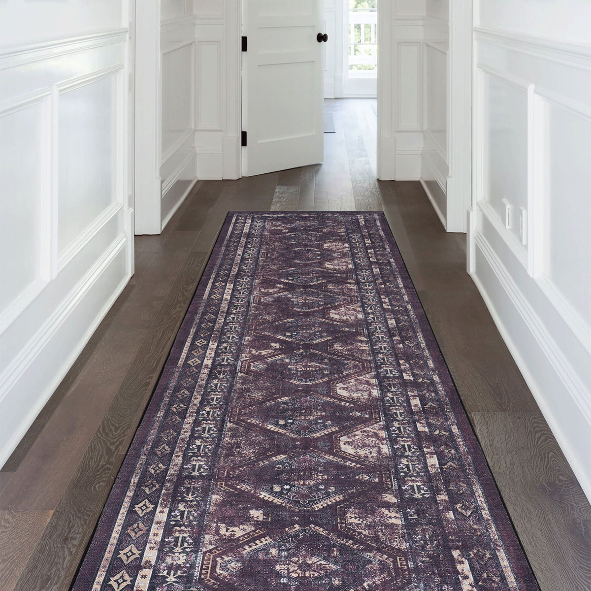 Maval - 2'6'' X 10' Washable Runner Rug - Black / Burgundy